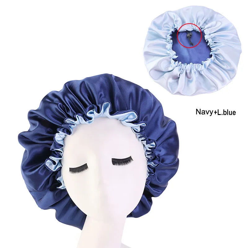 New Women’s Reversible Double Layer Satin Bonnet for Curly Hair – Adjustable Elastic Sleep Cap Night Haircare Hat