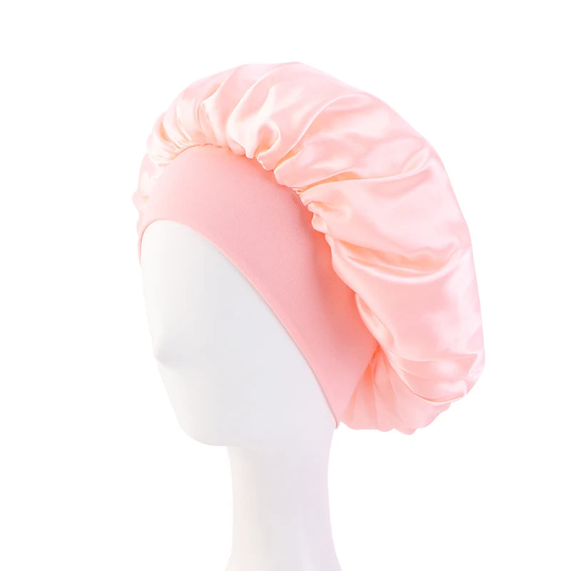 New Women’s Satin Solid Wide-Brimmed Sleeping Hat – Unisex Elastic Head Wrap Bonnet for Hair Care