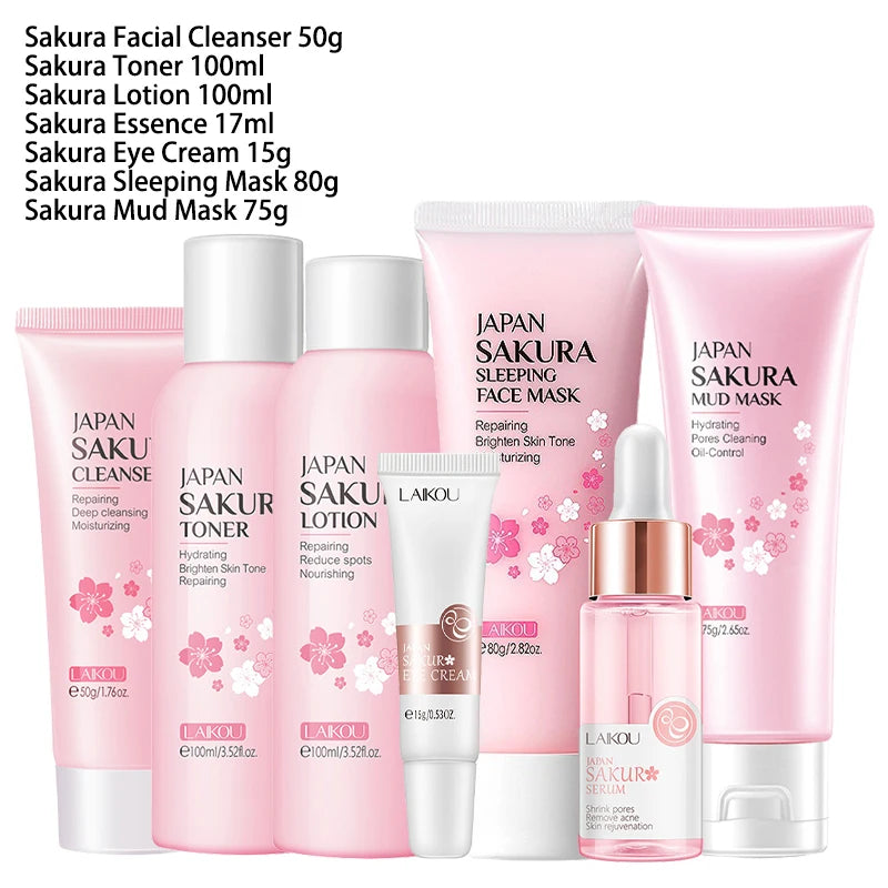 9/6Pcs Sakura Facial Skincare Set – Cleanser, Cream, Sunscreen, Mask & Eye Cream Beauty Kit