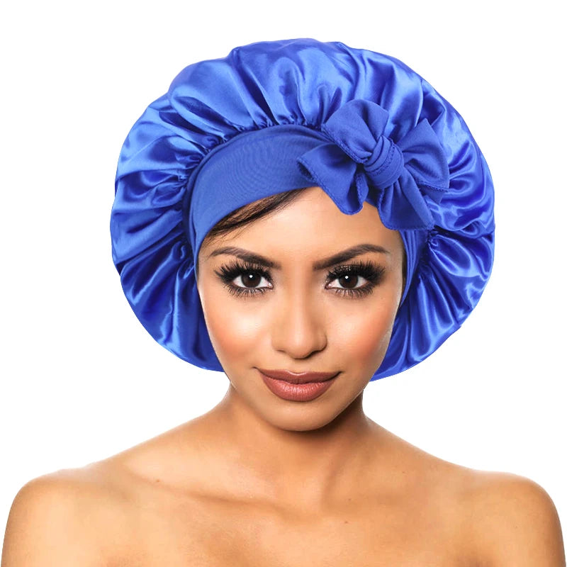 New Women’s Satin Sleeping Bonnet with Tie Bands – Adjustable Silky Cap for Curly Hair & Shower Use