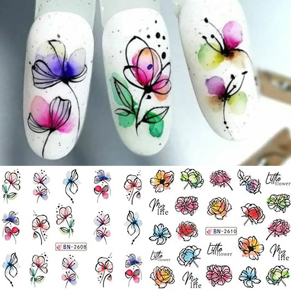 12pcs Floral Nail Sticker Set – Spring & Summer Water Decals