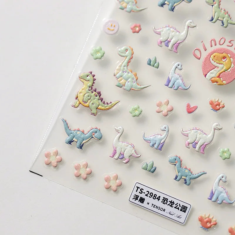 5D Cartoon Dinosaur Nail Art Stickers – Colorful Relief Decals for Manicure