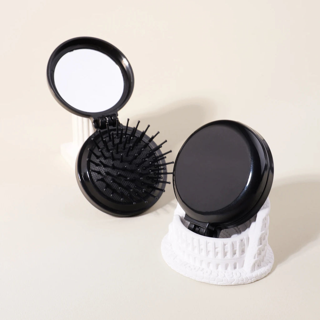 1/2pc Folding Travel Mirror Hair Brush – Round Pocket Comb for Wigs & Real Hair Styling