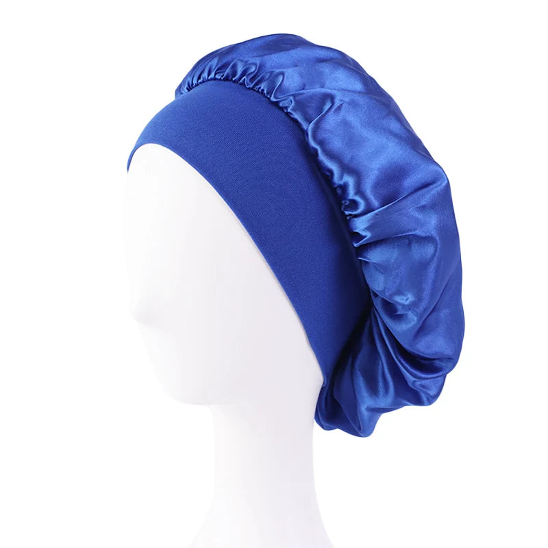 New Women’s Satin Solid Wide-Brimmed Sleeping Hat – Unisex Elastic Head Wrap Bonnet for Hair Care