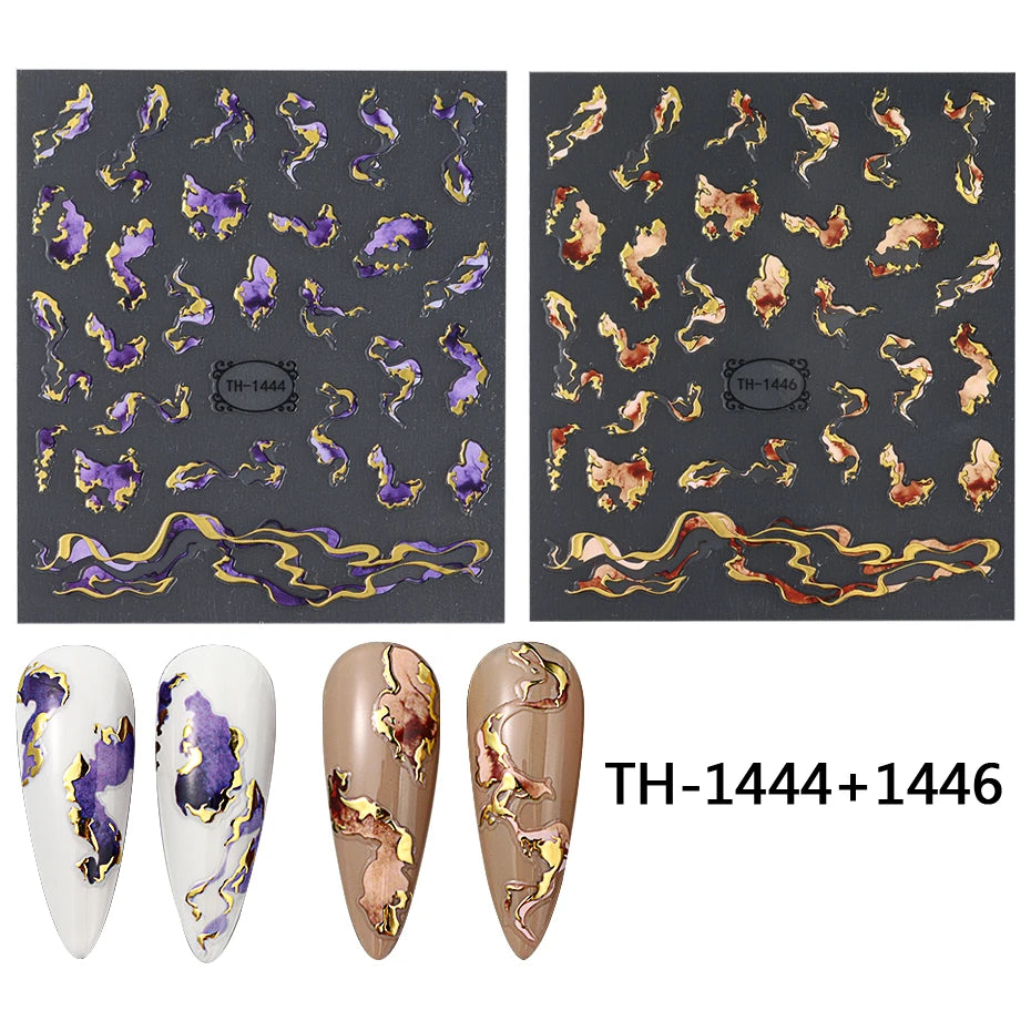 Holographic Purple & Blue Nail Art Stickers – Gold Ink Decals for DIY Manicure