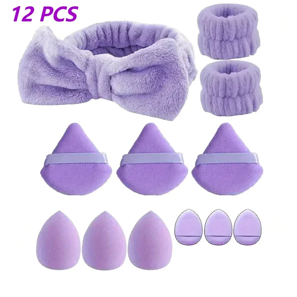 12Pcs Makeup Sponge Blender Set with Foundation Sponges, Powder Puff, Spa Headband & Wristbands – Complete Makeup Tools Accessories Kit