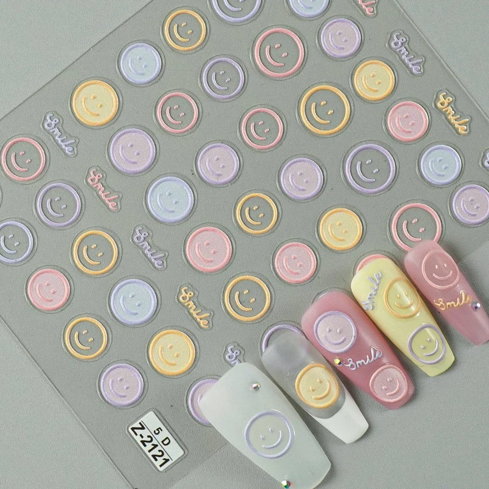 5D Smiley Face Nail Stickers – Embossed Japanese Macaron Decals