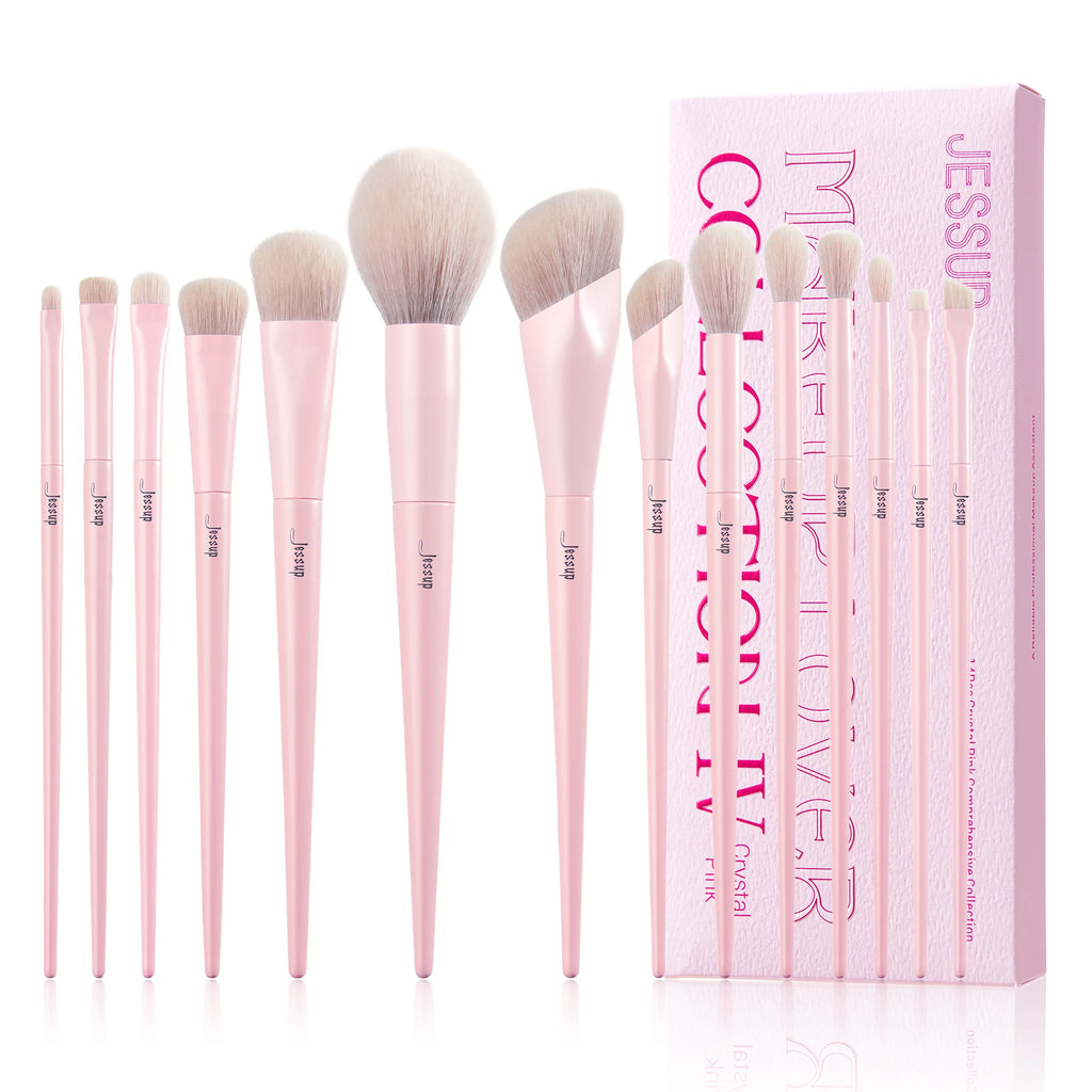 14PCS Pink Makeup Brush Set – Premium Vegan Foundation, Blush, Eyeshadow, Liner & Blending Brushes (T495)