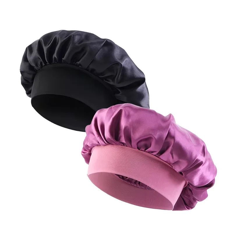 New Women’s Satin Solid Wide-Brimmed Sleeping Hat – Unisex Elastic Head Wrap Bonnet for Hair Care
