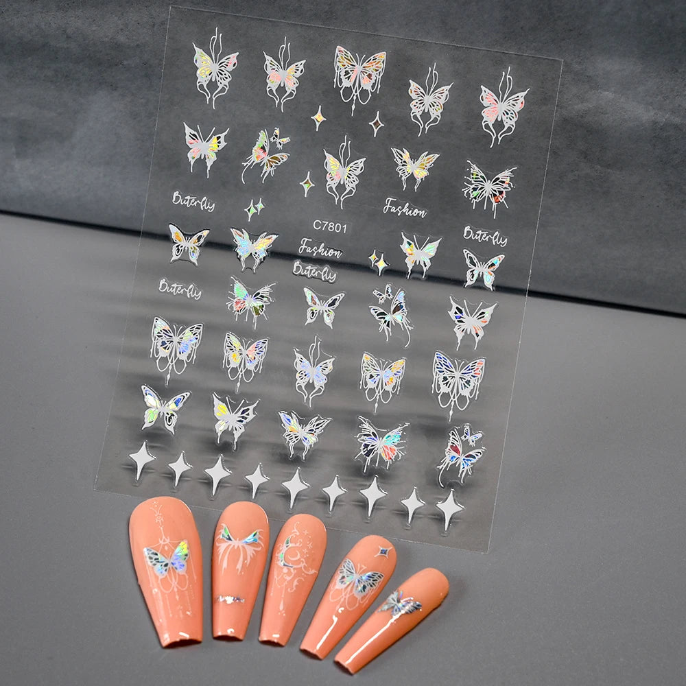 3D Aurora Shell Butterfly Nail Sticker – Pink & Purple, 8×10 cm