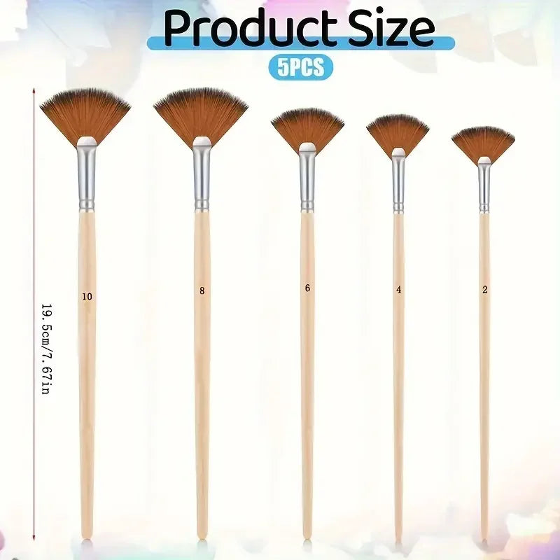 5pcs Fan Paint Brush Set – Nylon Hair Acrylic & Oil Painting Brushes with Short Wooden Handles