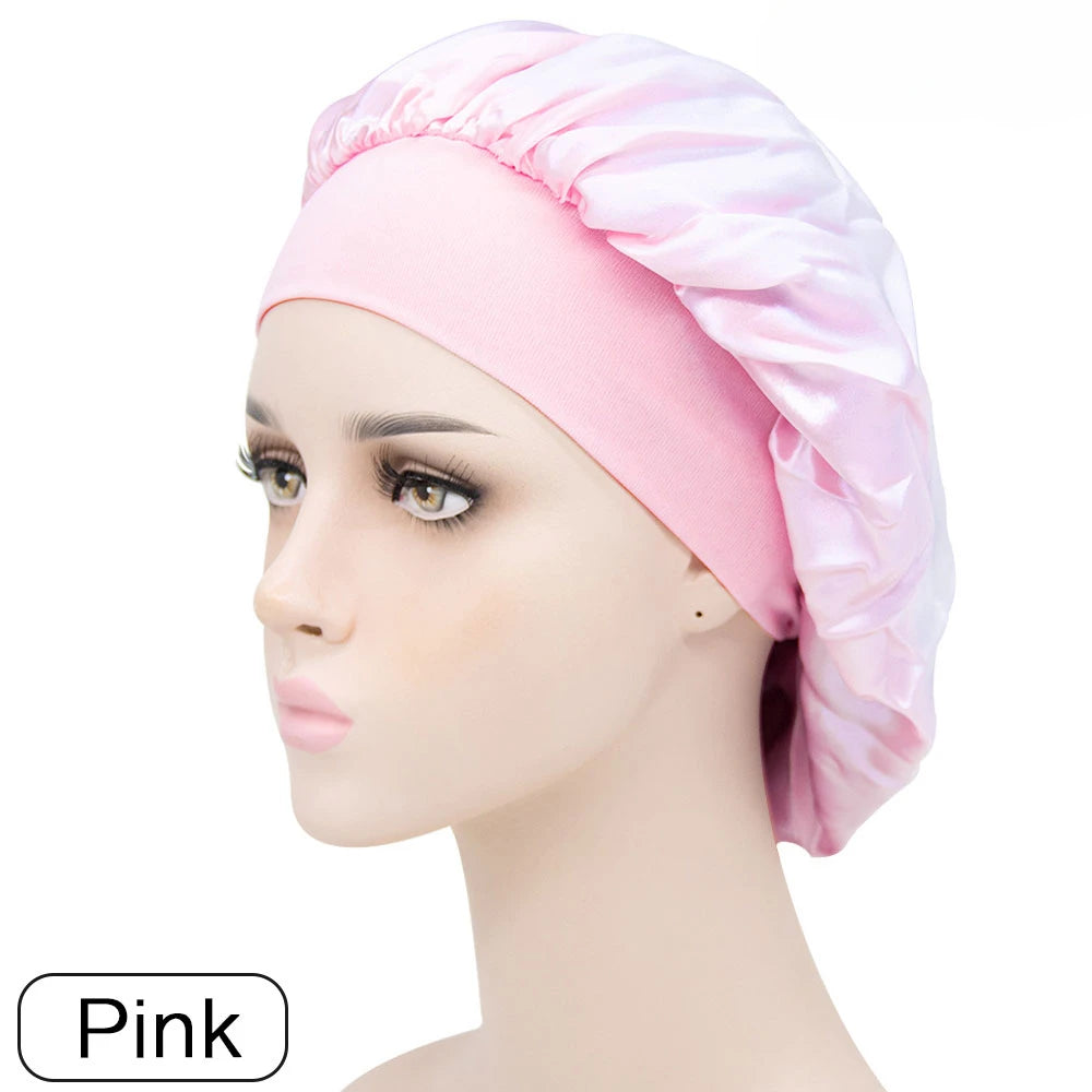 Adjustable Solid Satin Bonnet – Long Hair Care Sleep Hat for Women, Silk Head Wrap & Shower Cap