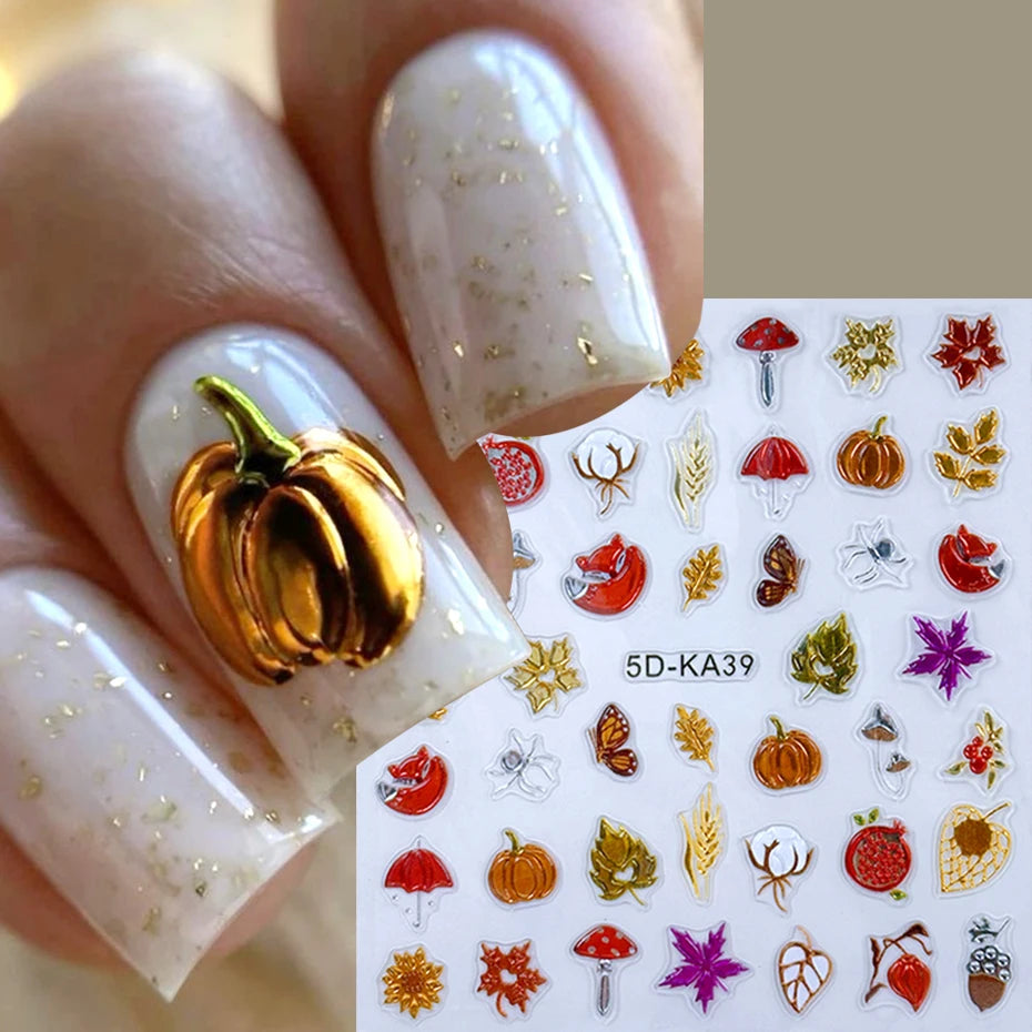 5D Metallic Autumn Nail Stickers – Leaves, Pumpkin & Fox Decals