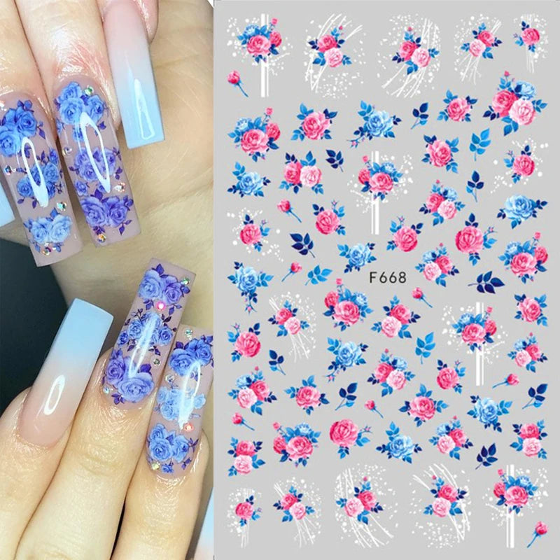 3D Butterfly & Flower Nail Art Stickers – Blue & Purple Decals for Manicure