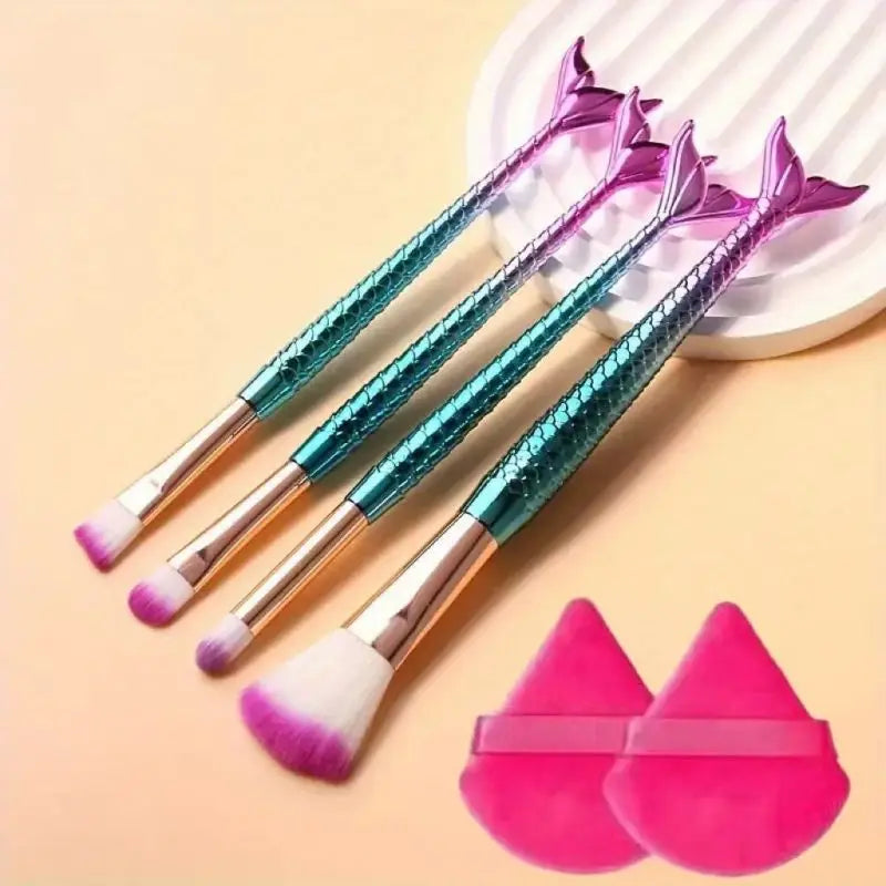 4-Piece Mermaid-Inspired Soft Makeup Brush Set with Fish-Tail Handles