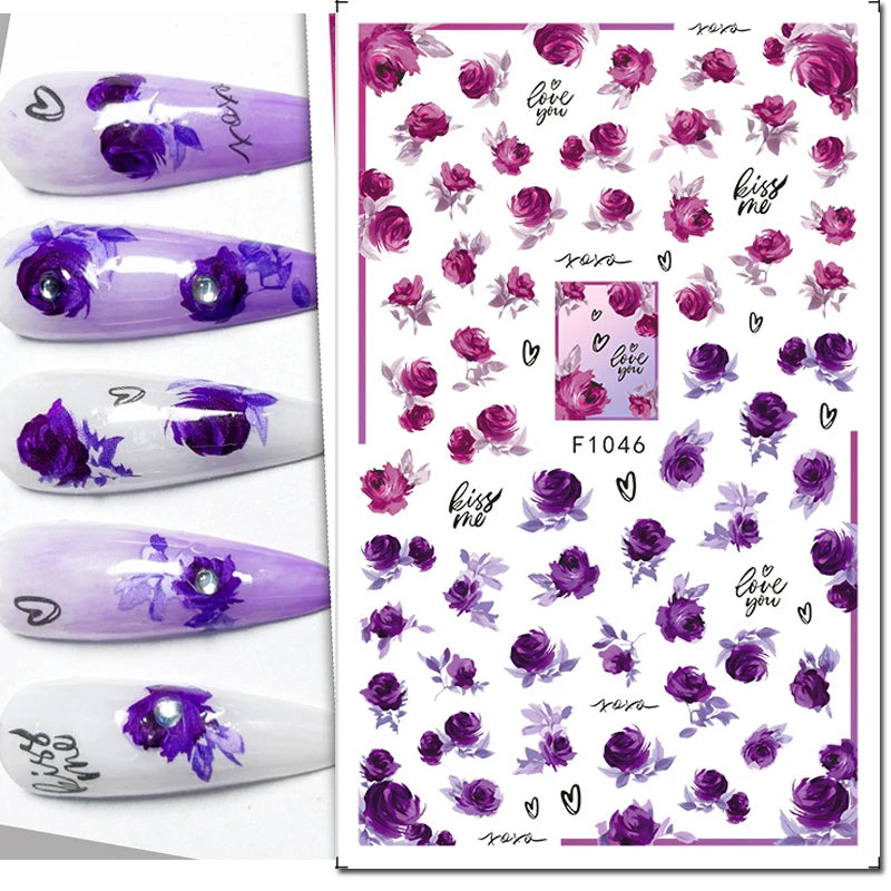 3D Butterfly & Flower Nail Art Stickers – Blue & Purple Decals for Manicure