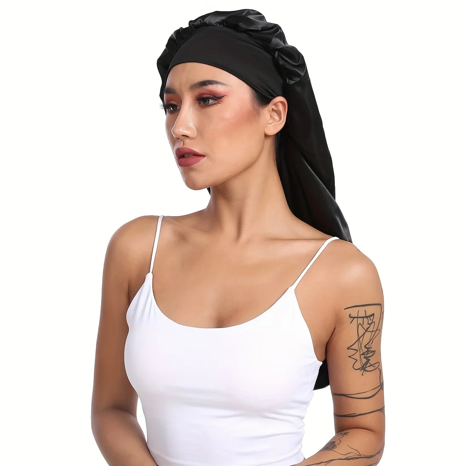 1pc Extra Large Silky Satin Sleep Bonnet for Straight Curly Hair, Dreadlocks, and Braids – Long Night Sleeping Cap