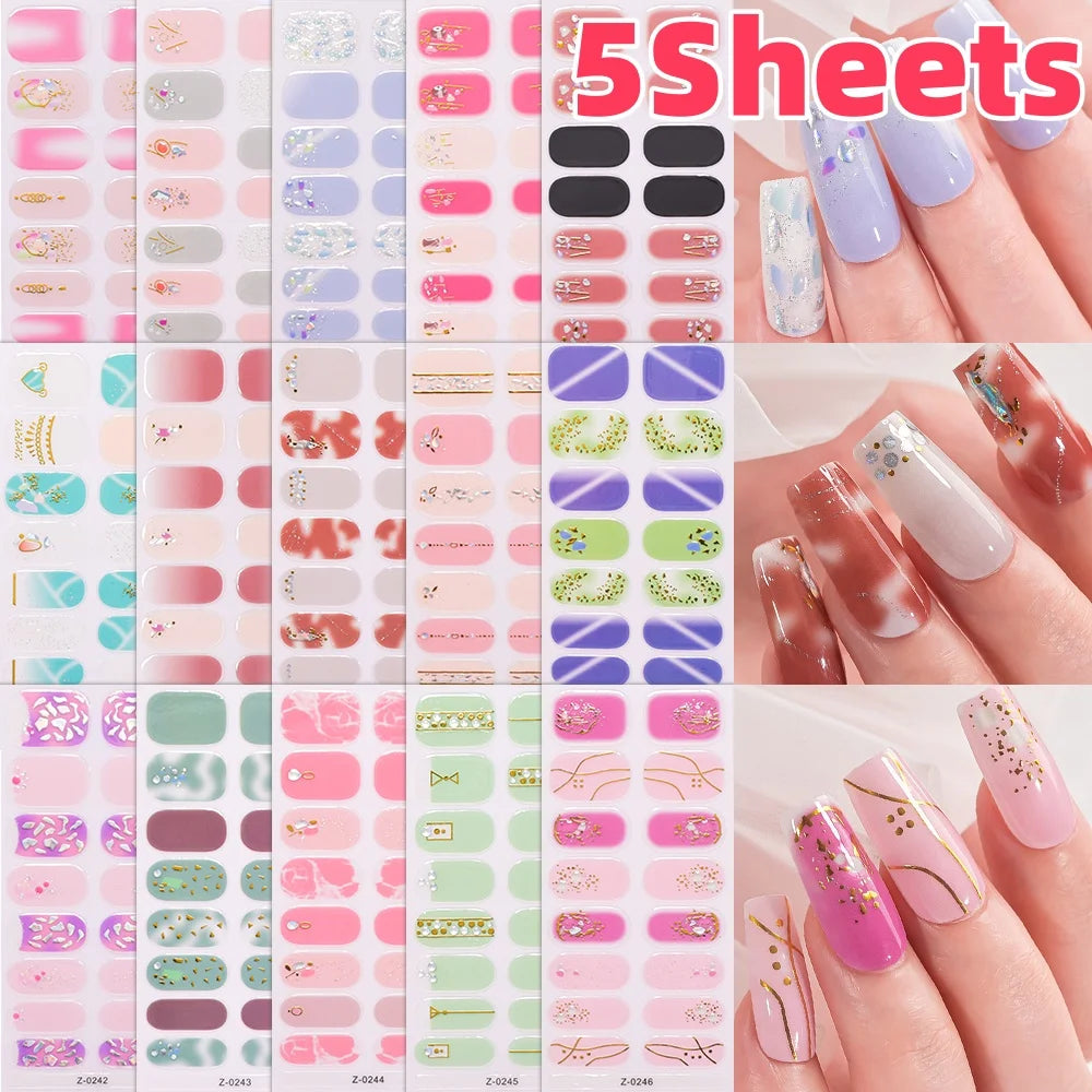 Dopamine Color 5-Sheet Nail Sticker Set – 80 Tips, 3D Foil & Line Full-Cover Wraps