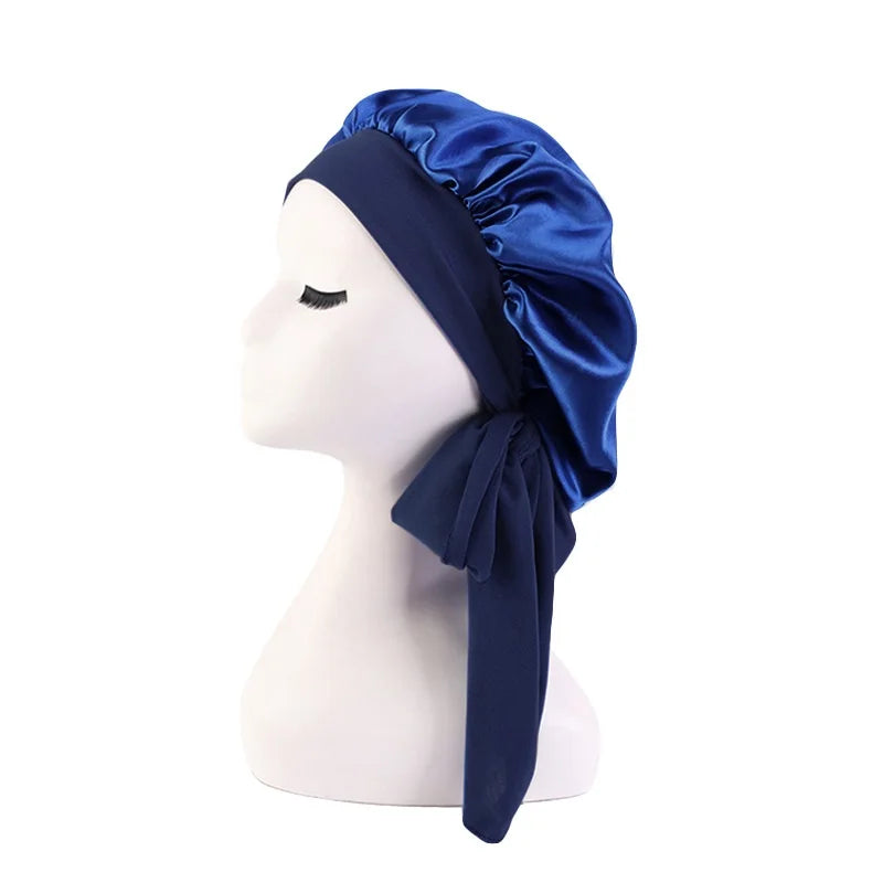 New Women’s Satin Sleeping Bonnet with Tie Bands – Adjustable Silky Cap for Curly Hair & Shower Use