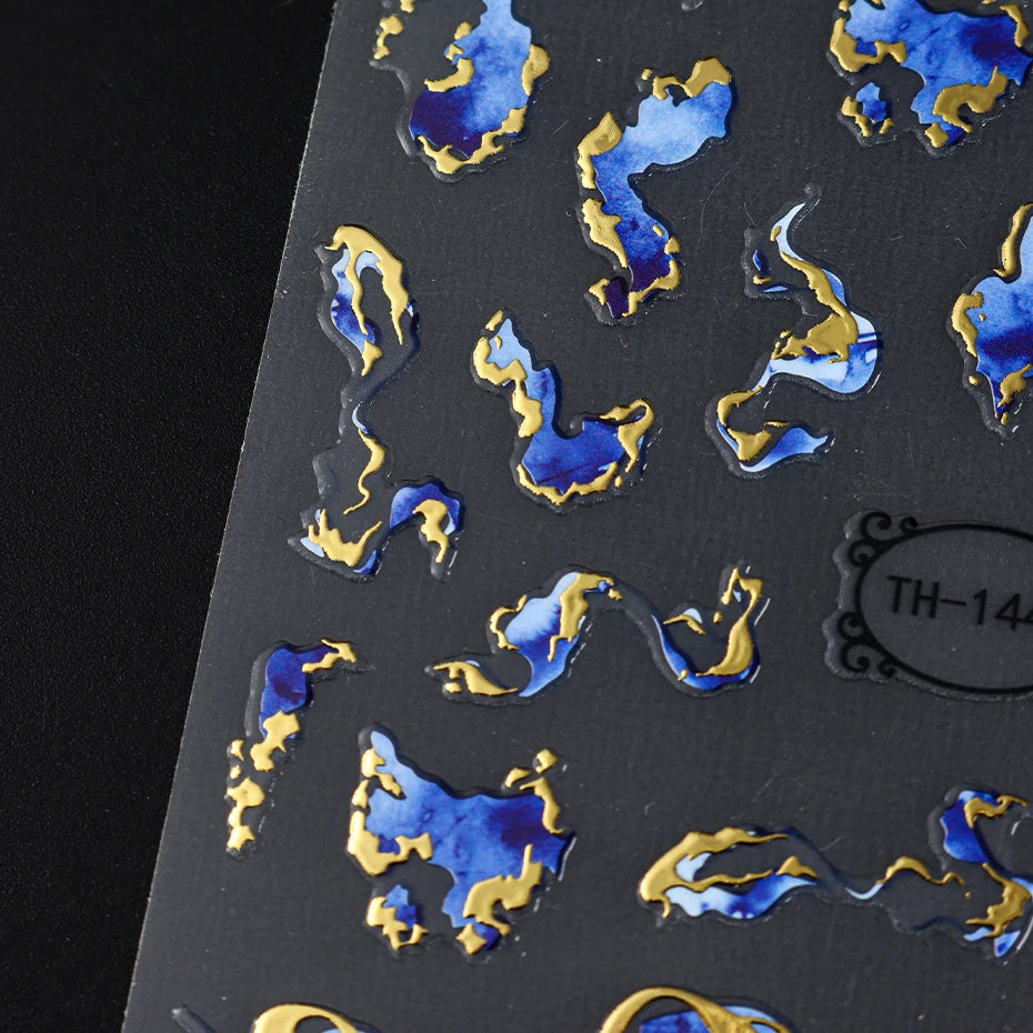 Holographic Purple & Blue Nail Art Stickers – Gold Ink Decals for DIY Manicure