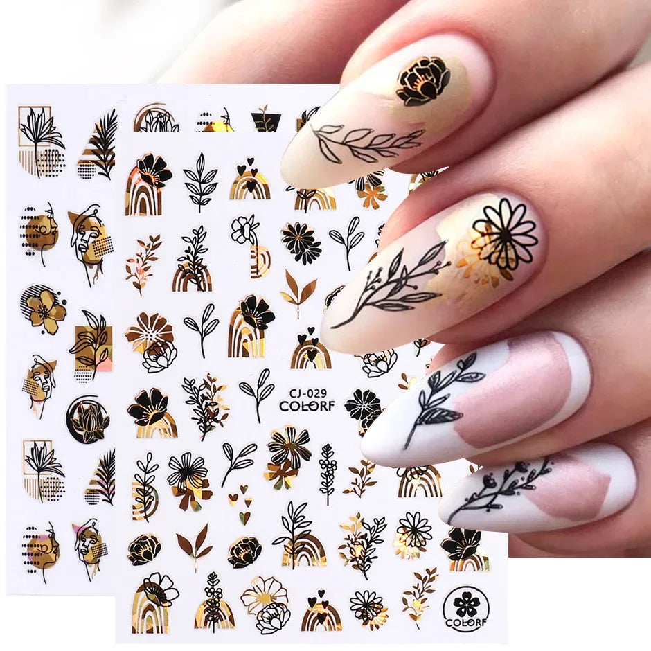 Black & Bronze Nail Art Stickers – Animal, Plant & Love English Designs