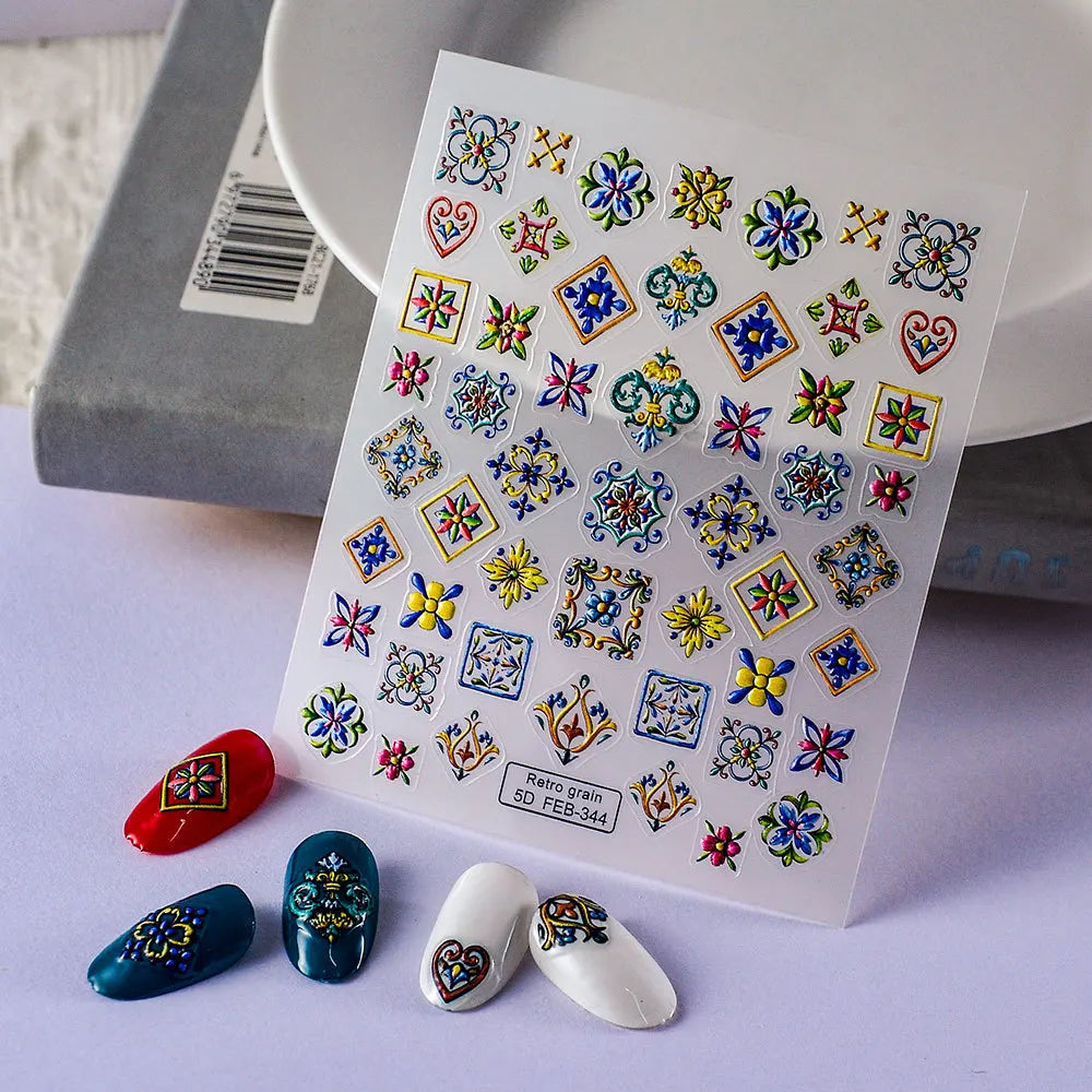 5D Bohemian Nail Stickers – Hand-Painted Ethnic Baroque Decals