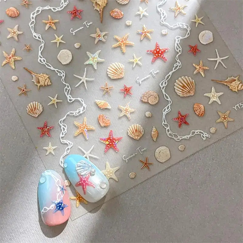 1 Sheet 5D Summer Seashell Nail Stickers – Starfish & Conch Decals