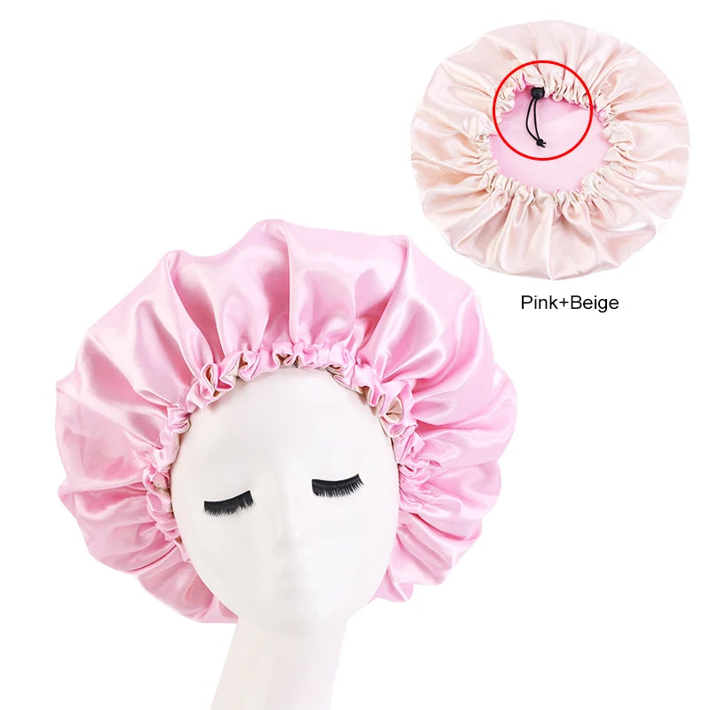 New Women’s Reversible Double Layer Satin Bonnet for Curly Hair – Adjustable Elastic Sleep Cap Night Haircare Hat