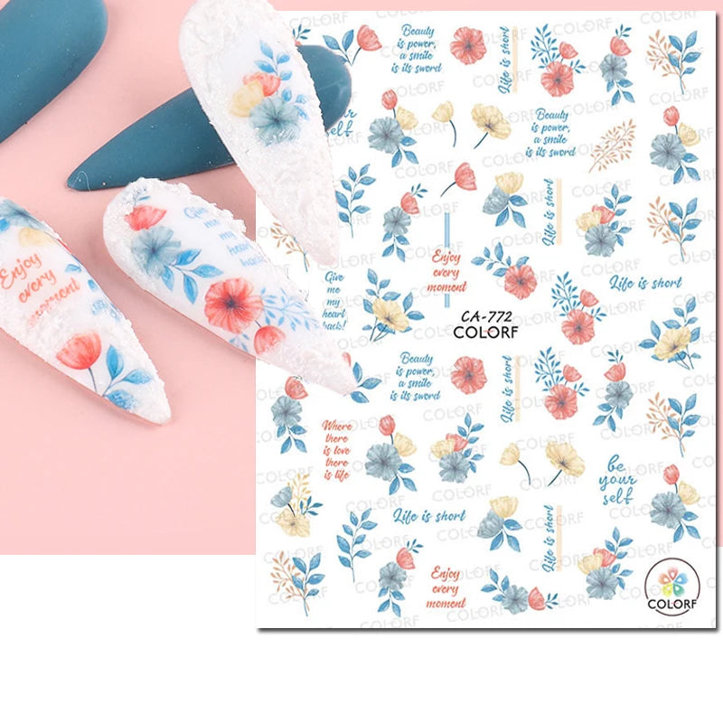 3D Butterfly & Flower Nail Art Stickers – Blue & Purple Decals for Manicure