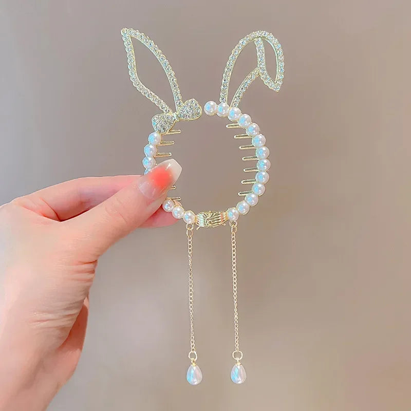 Elegant Butterfly Ponytail Hair Clip – Blue & Red Hairpin with Pearl Tassel for Women