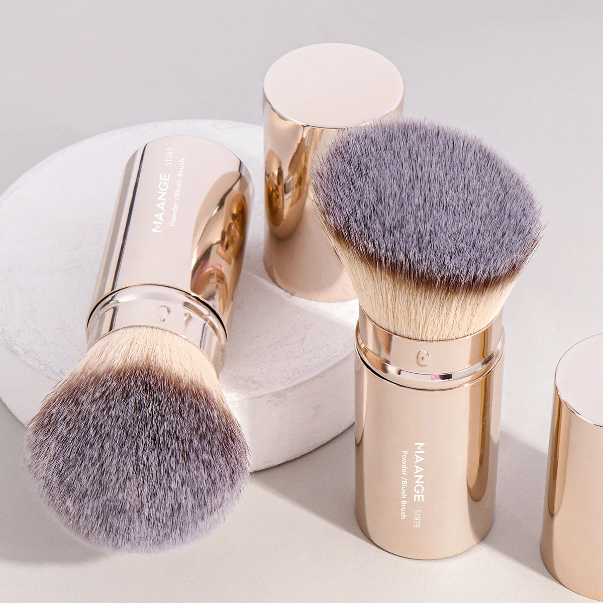 2PCS Retractable Kabuki Makeup Brushes – Flat & Angled Brushes for Foundation, Powder, Blush, Bronzer & Concealer