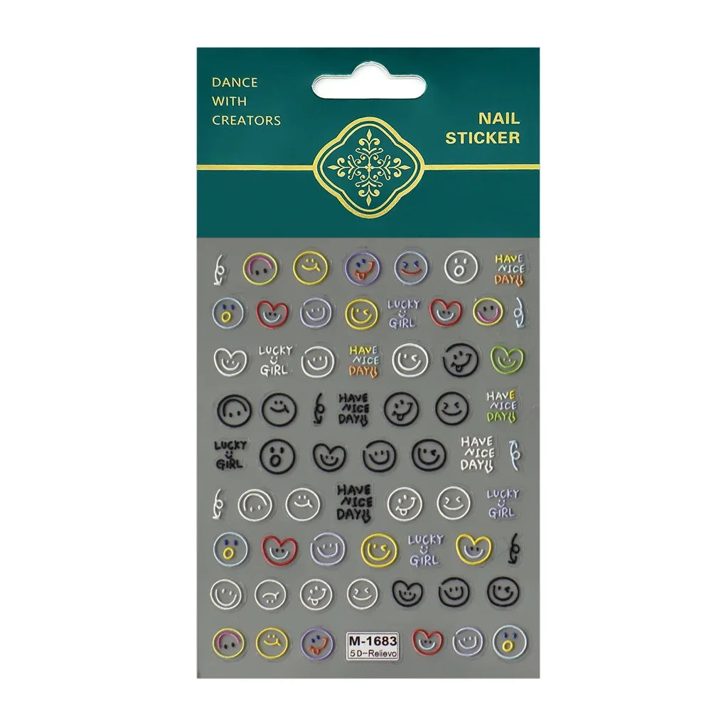 5D Smiley Face Nail Stickers – Embossed Japanese Macaron Decals