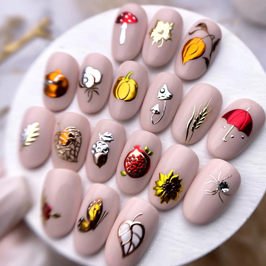 5D Metallic Autumn Nail Stickers – Leaves, Pumpkin & Fox Decals