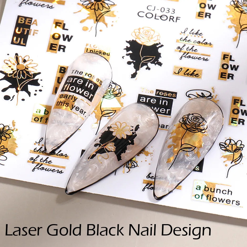 Black & Bronze Nail Art Stickers – Animal, Plant & Love English Designs