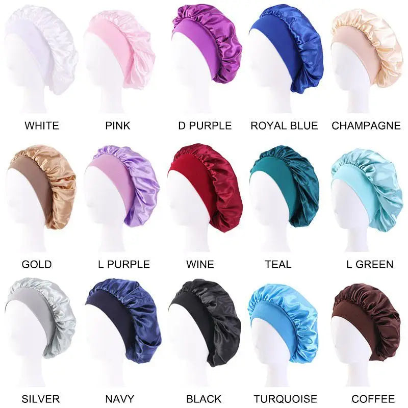 New Women’s Satin Solid Wide-Brimmed Sleeping Hat – Unisex Elastic Head Wrap Bonnet for Hair Care