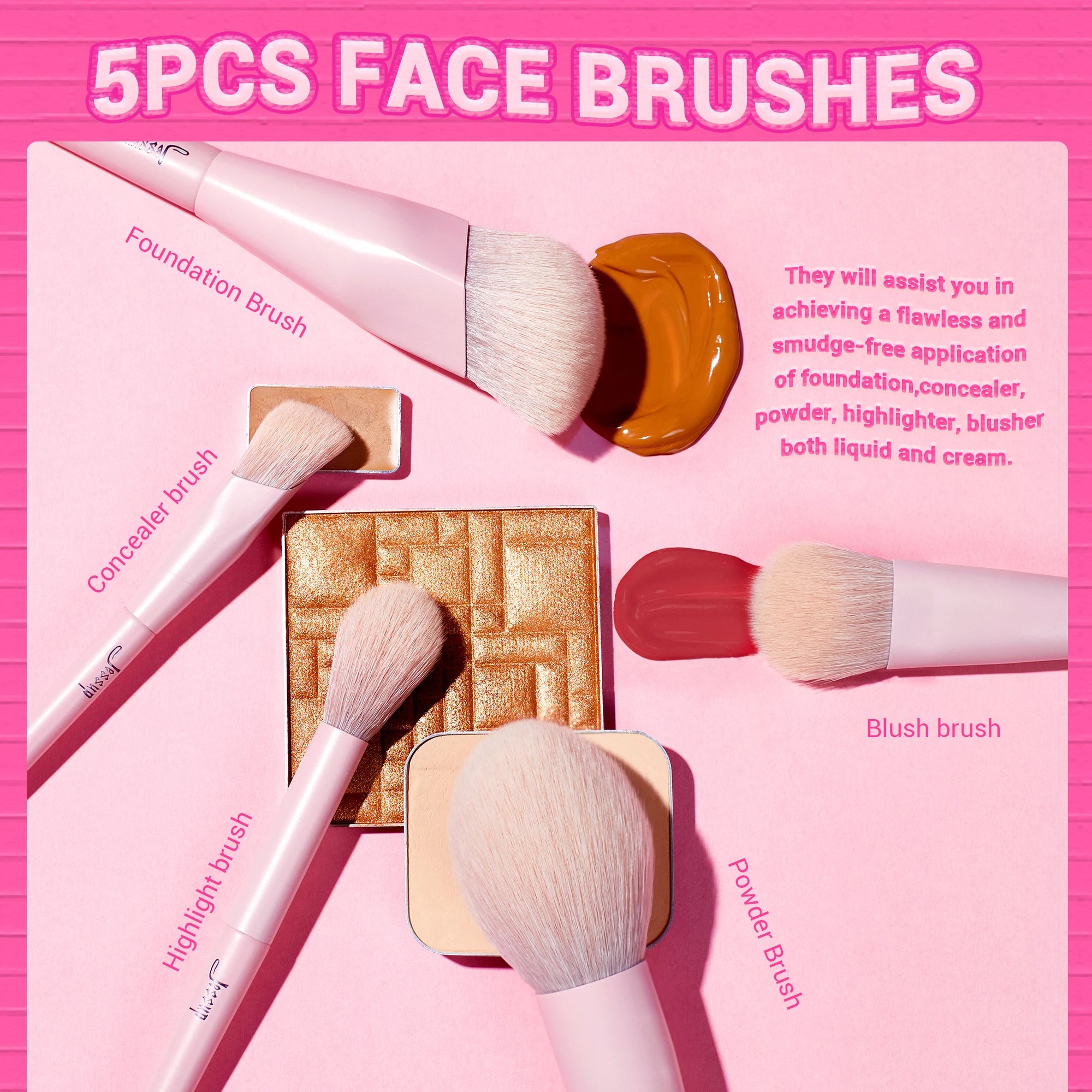 14PCS Pink Makeup Brush Set – Premium Vegan Foundation, Blush, Eyeshadow, Liner & Blending Brushes (T495)