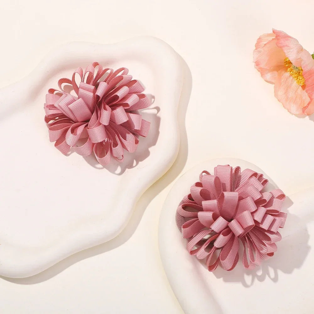 2Pcs Double Color Ribbon Flower Hairpins – Handmade Princess Hair Clips & Barrettes for Girls