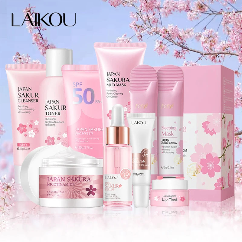 9/6Pcs Sakura Facial Skincare Set – Cleanser, Cream, Sunscreen, Mask & Eye Cream Beauty Kit