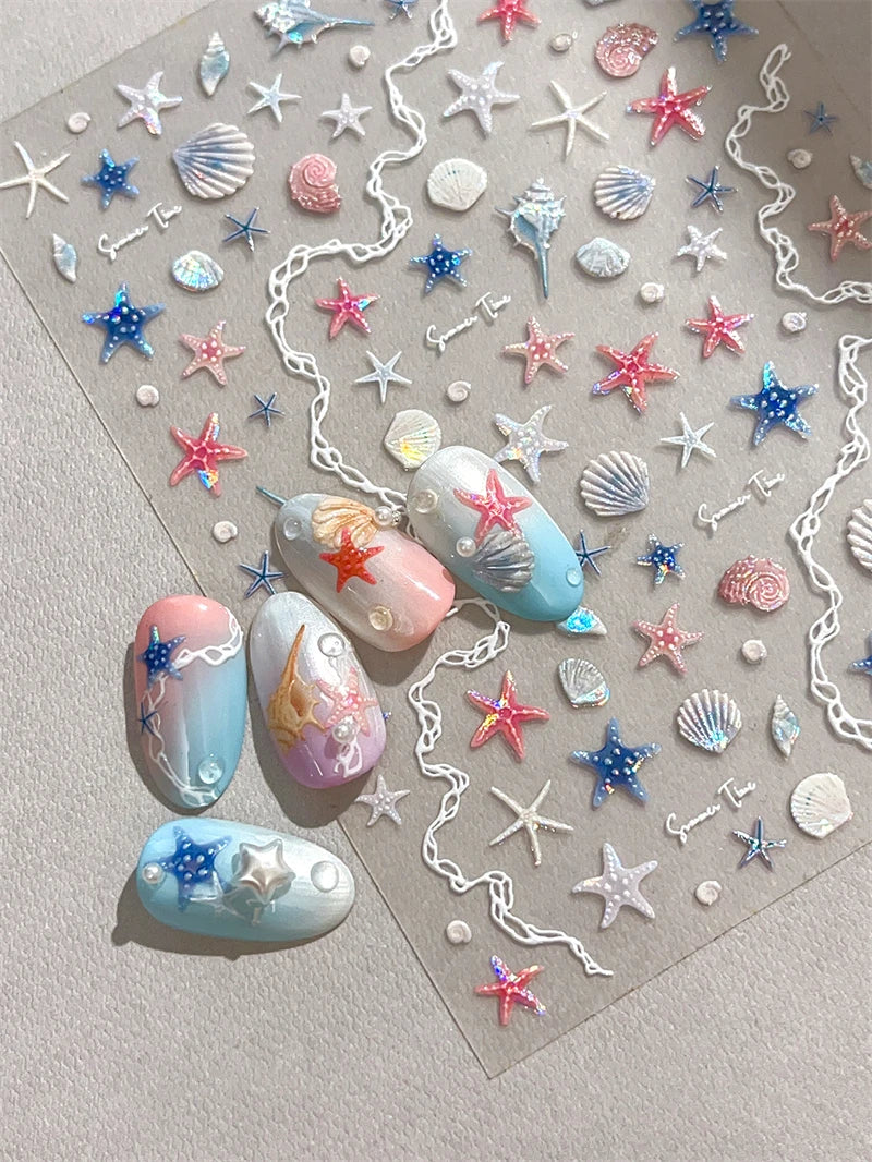 1 Sheet 5D Summer Seashell Nail Stickers – Starfish & Conch Decals