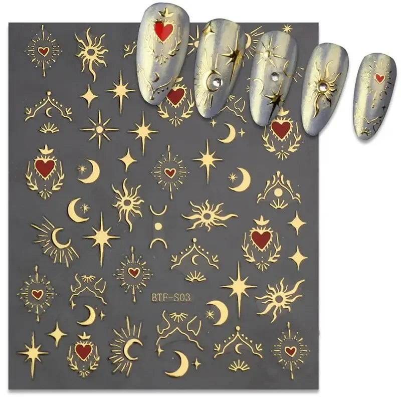 3-Pack 3D Nail Stickers – Gold, Silver & Rose Gold Laser Moon & Butterfly Decals