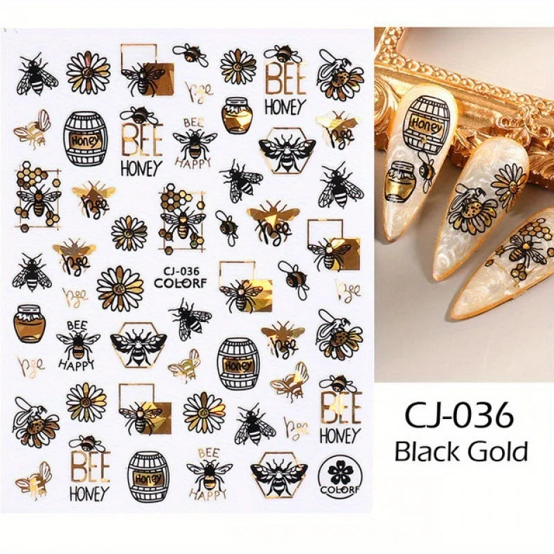 Black & Bronze Nail Art Stickers – Animal, Plant & Love English Designs