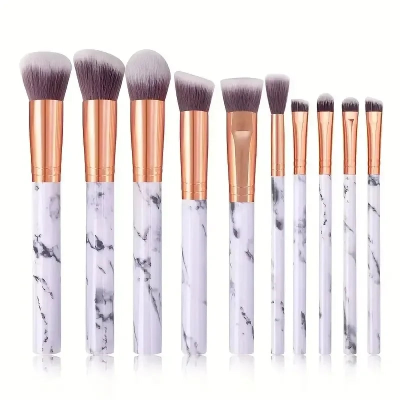 10PCS Marble Makeup Brush Set – Foundation, Blush, Eyeshadow, Eyebrow, Contour, Lip & Face Brushes
