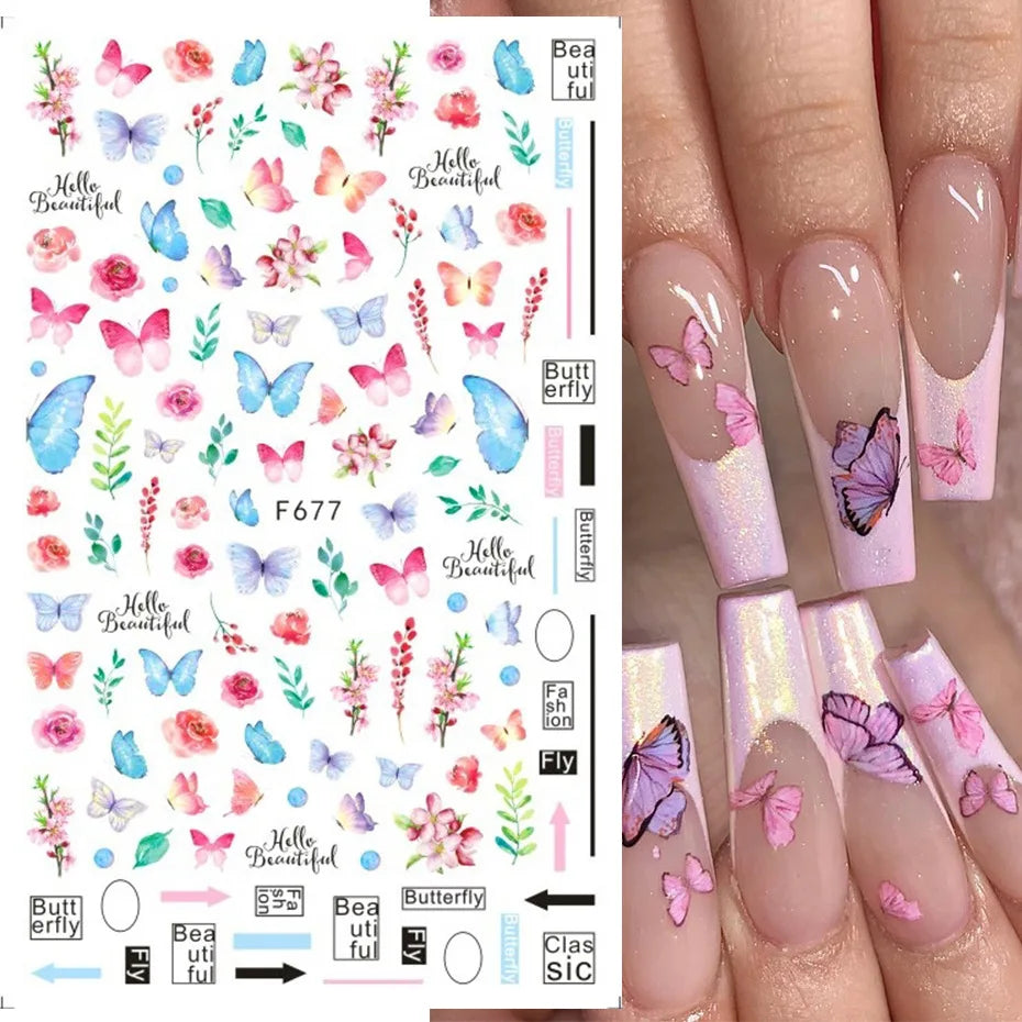 3D Butterfly & Flower Nail Art Stickers – Blue & Purple Decals for Manicure