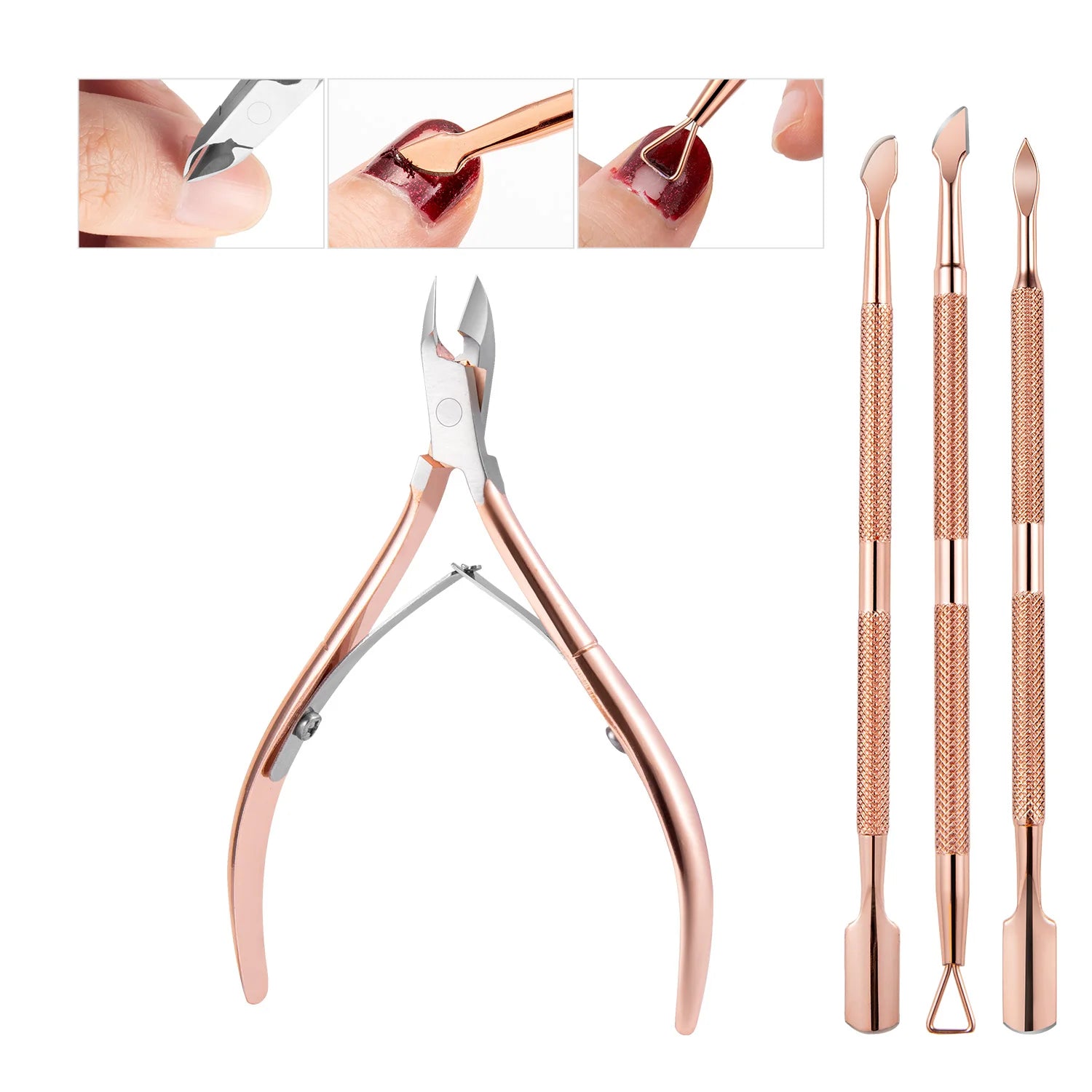 1/3pcs Double-Ended Stainless Steel Cuticle Pusher Set – Dead Skin Remover & Cuticle Scissors, 4pcs Rose Gold Manicure Tools
