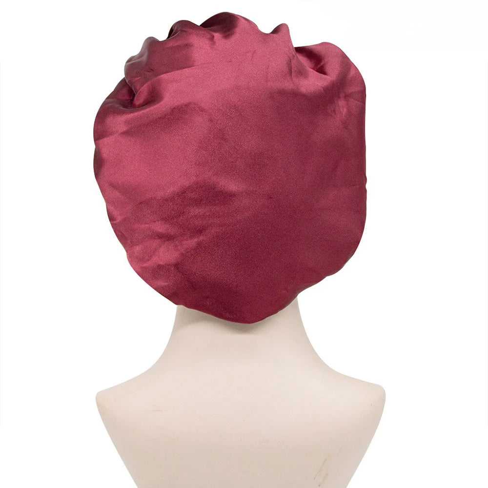 Adjustable Solid Satin Bonnet – Long Hair Care Sleep Hat for Women, Silk Head Wrap & Shower Cap