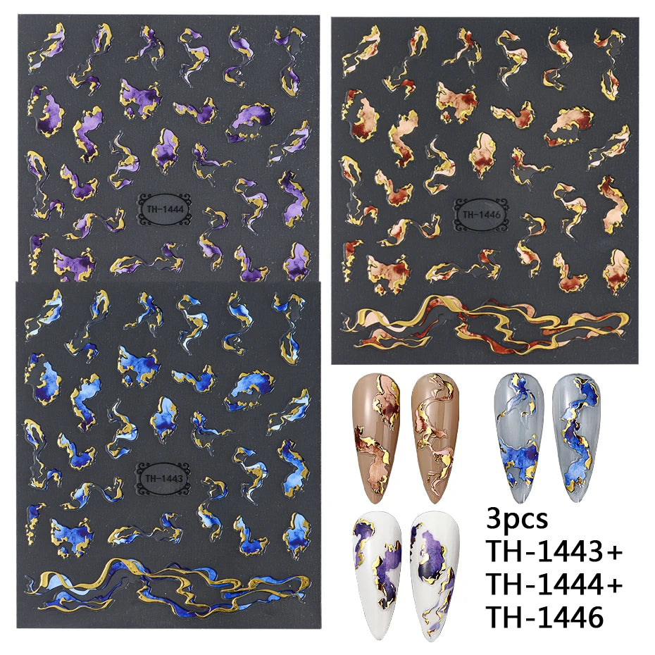 Holographic Purple & Blue Nail Art Stickers – Gold Ink Decals for DIY Manicure
