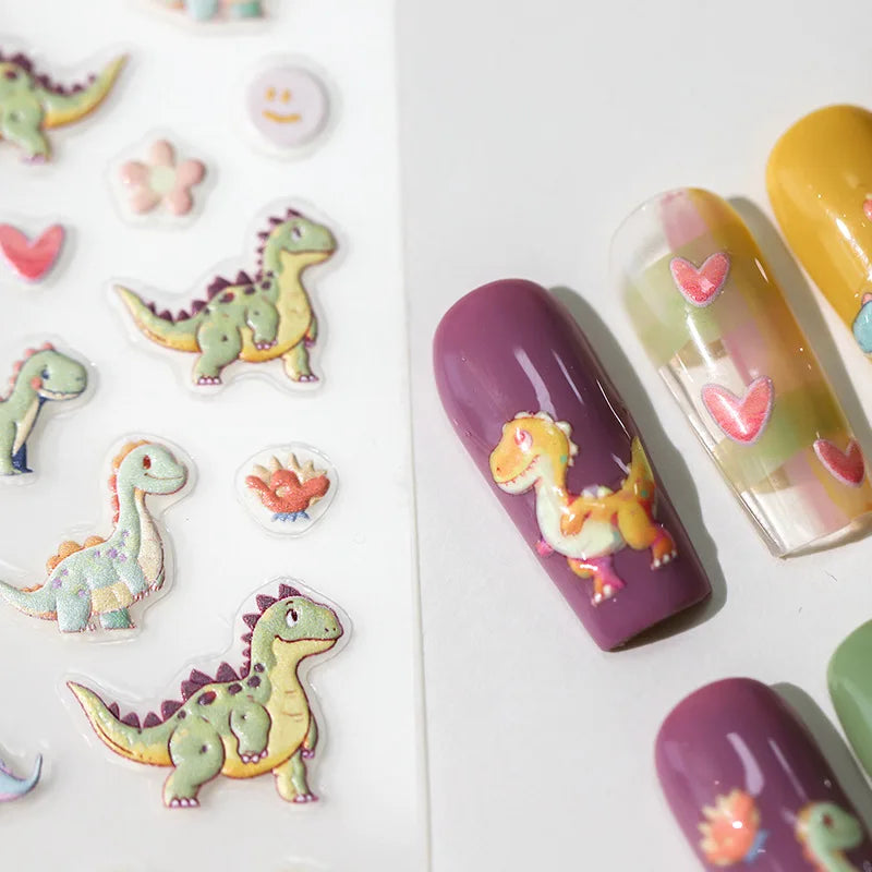 5D Cartoon Dinosaur Nail Art Stickers – Colorful Relief Decals for Manicure