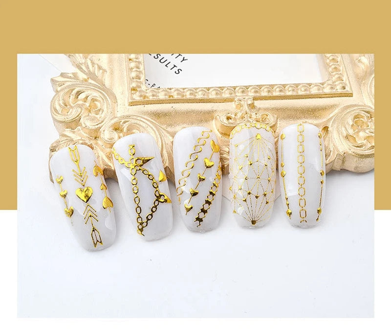 3D Gold Metal Nail Stickers – Chain & Zipper Decals for Women