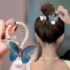 Elegant Butterfly Ponytail Hair Clip – Blue & Red Hairpin with Pearl Tassel for Women