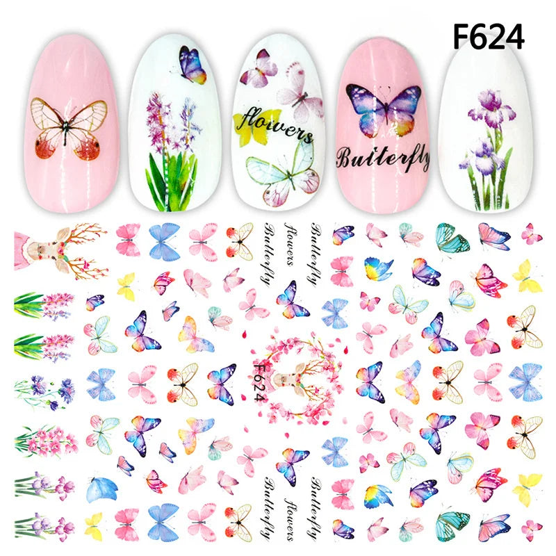 9pcs Spring Nail Stickers – Butterfly & Flower Self-Adhesive Decals